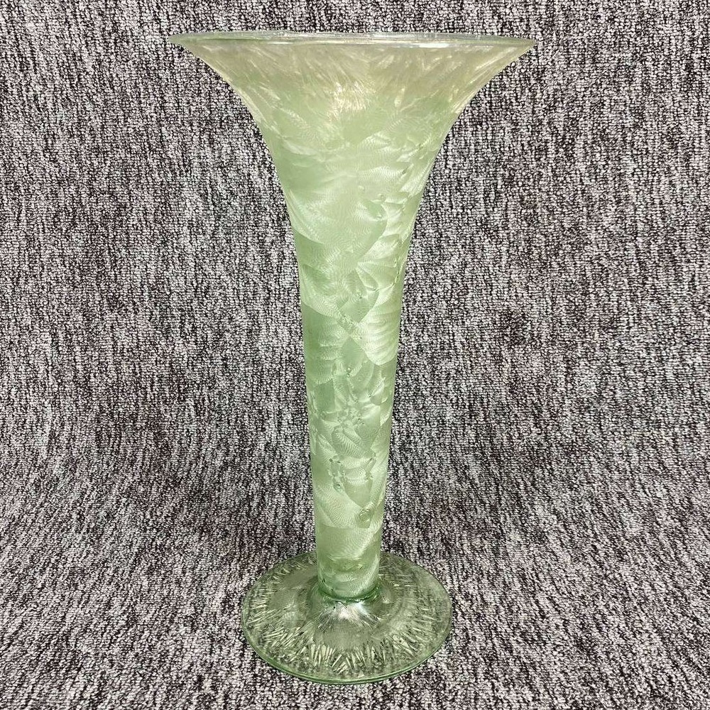 Spain Glass Trumpet Vase Large Green Textured Swirl Floral Centerpiece Decor - Picture 1 of 8